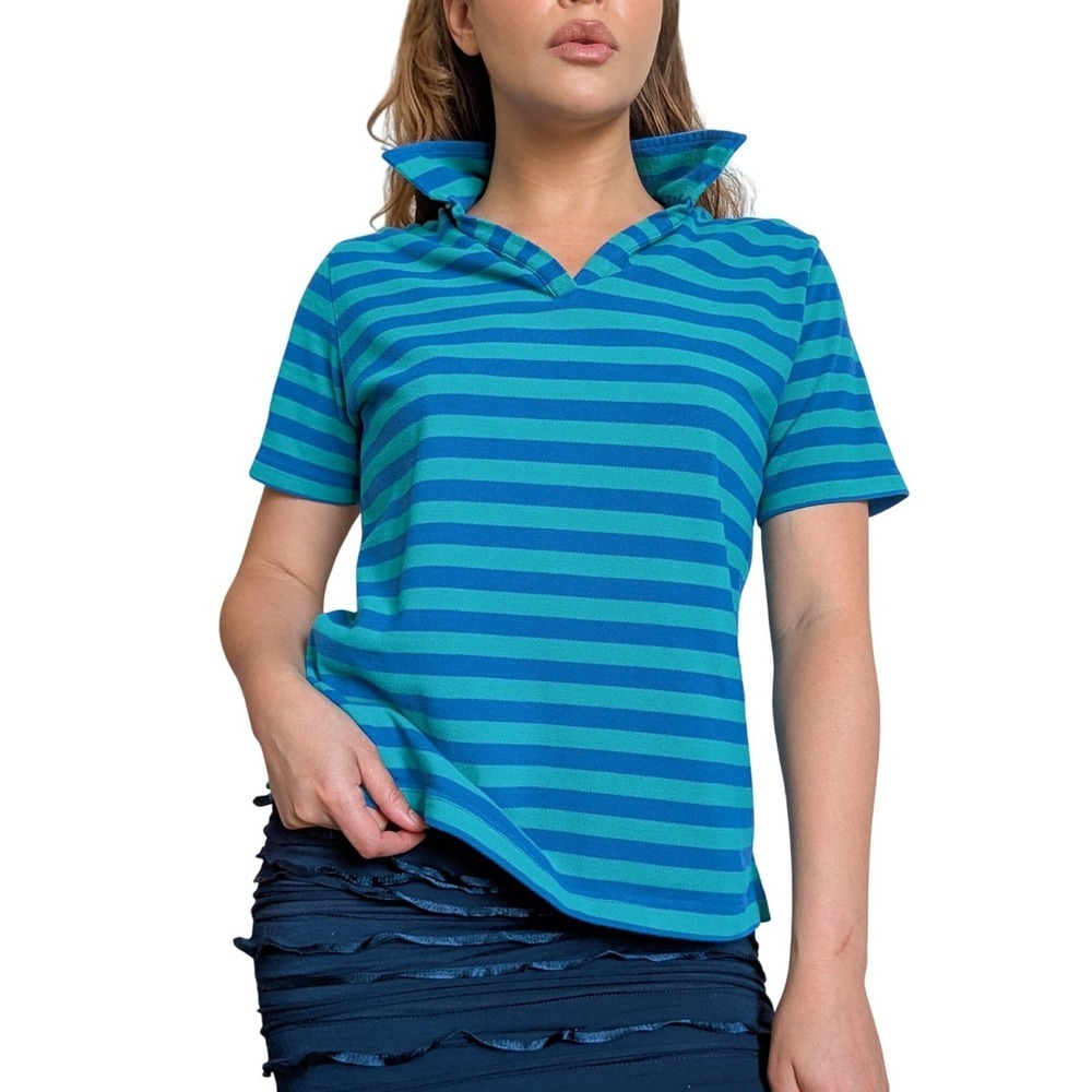Rebecca Malone Vintage 90s Maximalist Indie Sleaze Blue Candy Stripe Polo Tee